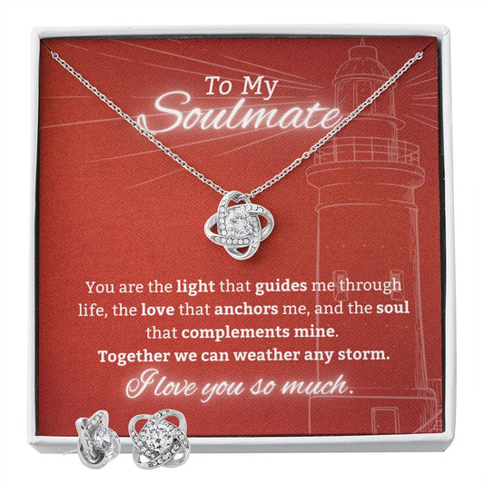 To My Soulmate - Lighthouse Red Background - Love Knot Necklace & Earring Set