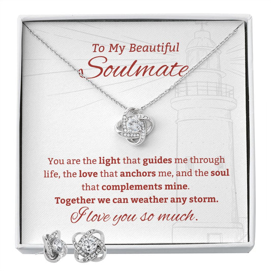 To My Soulmate - Lighthouse White Background - Love Knot Necklace & Earring Set