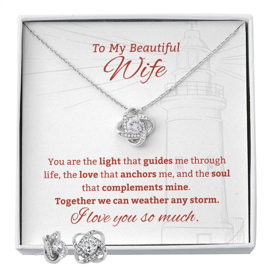 To My Wife - Lighthouse White Background - Love Knot Necklace & Earring Set