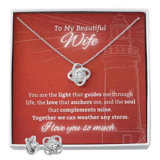 To My Wife - Lighthouse Red Background - Love Knot Necklace & Earring Set