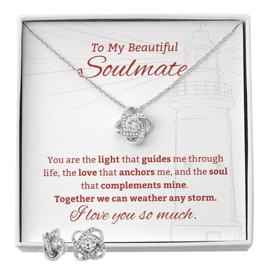 To My Soulmate - Lighthouse White Background - Love Knot Necklace & Earring Set
